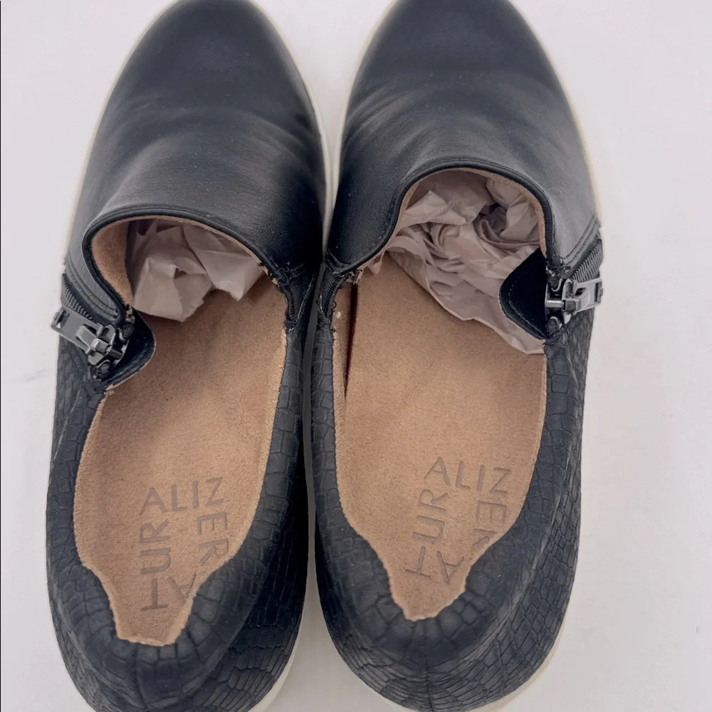 Naturalizer Black Leather Wedge Slip-On Sneakers with White Platform